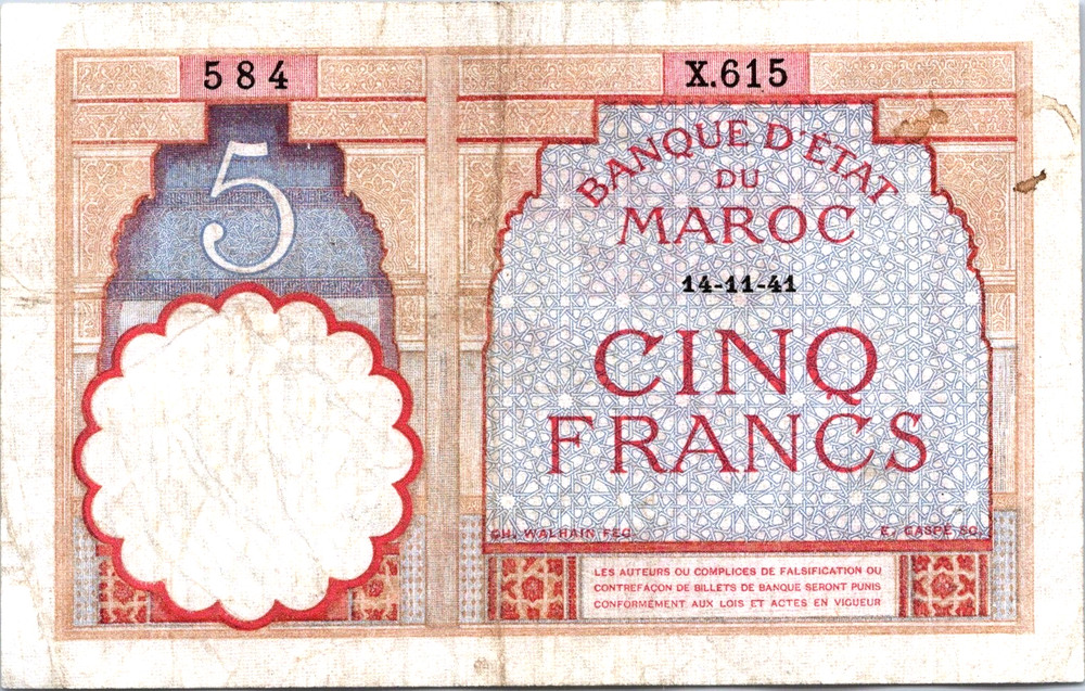Morocco 5 Francs 1941 Pick # 23a CVF