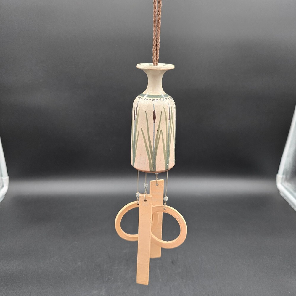 Studio Art Pottery Cattail Wind Chime Hand Made Signed Hand Painted Small
