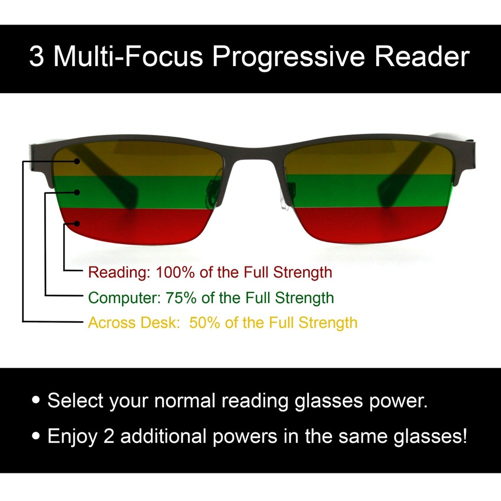 Multi Focus Progressive Reading Sunglasses 3 Powers in 1 Half Rim Rectangle