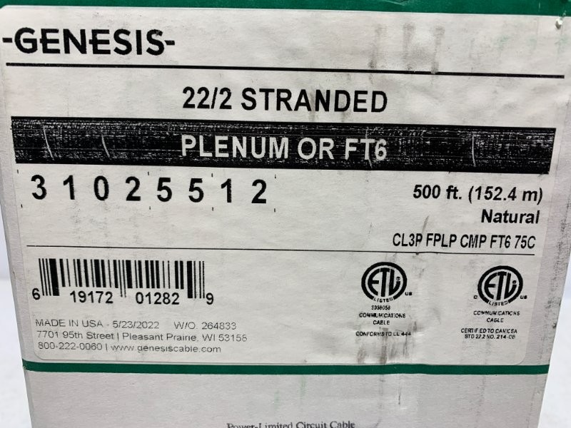 Genesis 31025512 Cable 22/2 Stranded Plenum FT6