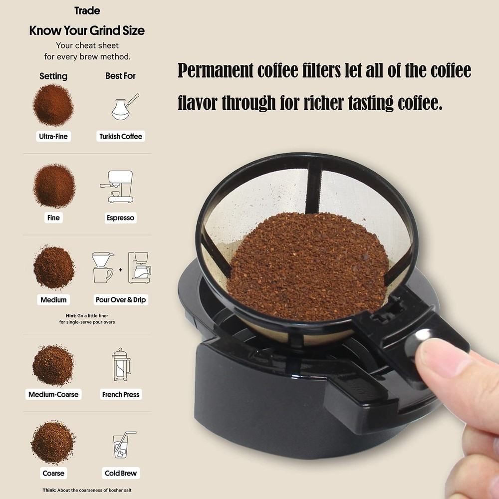 Gold Reusable Single Serve Brew Replacement Coffee Basket Grounds Filter, Com...