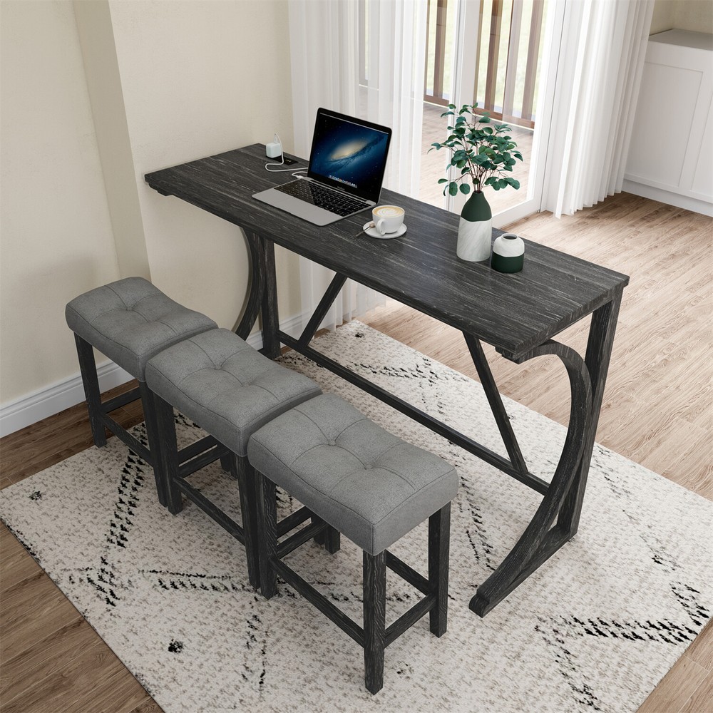 4 Piece Bar Table Set Counter Height Kitchen Dining Table w/ 3 Bar Stools