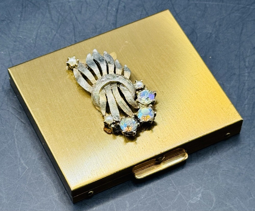 Vintage 1950s Brass Jeweled Compact Mirror Small Rectangular Mirror
