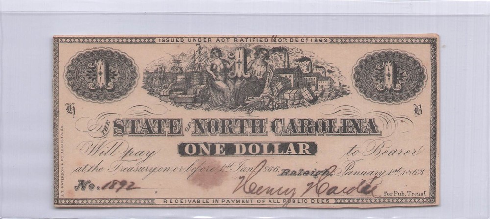 1863  $1 One Note Confederate Note North Carolina