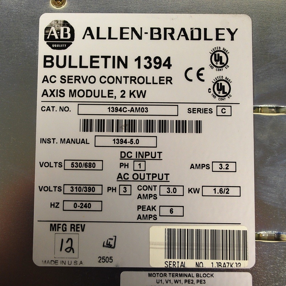 Allen Bradley 1394C-AM03, Series C, AC Servo Controller Axis Module, 2KW - USED