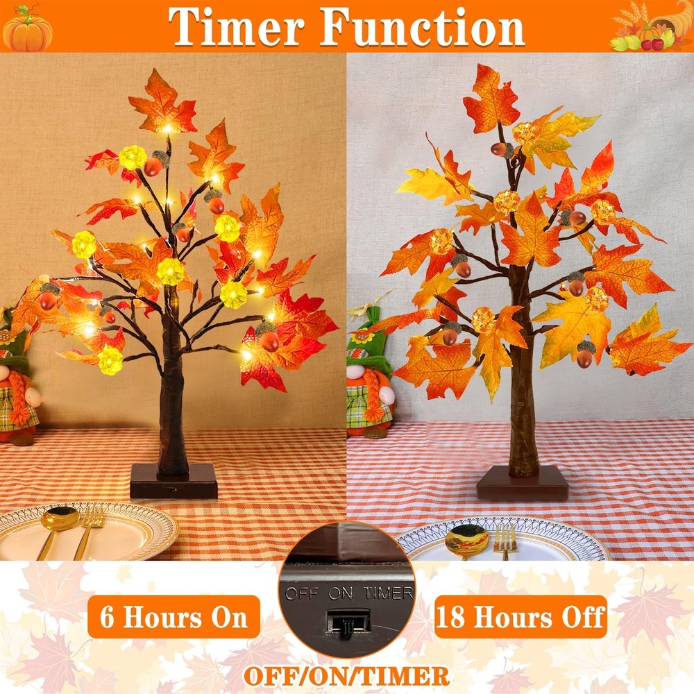 TURNMEON Thanksgiving Decorations 2 Pack 18 Inch Prelit Fall Maple Tree Fall Dec