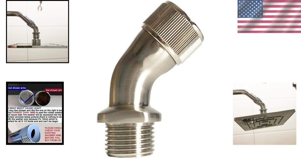 Brushed Nickel 45-Degree Shower Head Elbow Adapter - Solid Brass & Compact