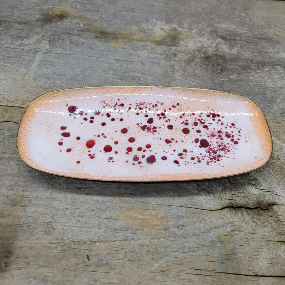 Handmade Enamel on Copper Rectangular Dish Pink With Red & Gold Speckles