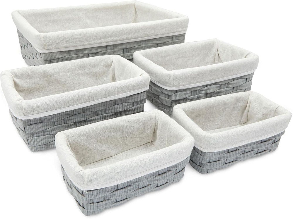 Wicker Nesting Baskets W/ Cloth Lining 5-Pack Gray Rectangular Set Stackable