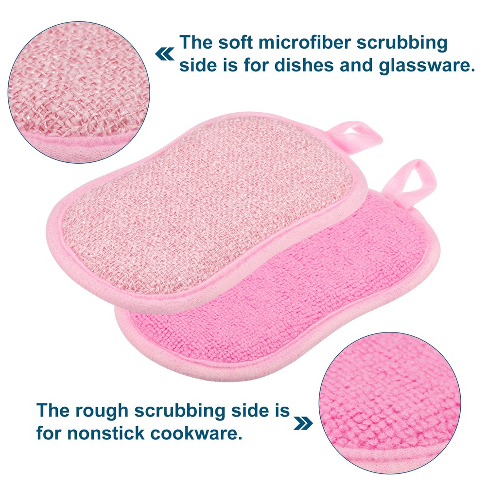 5 Pcs Multipurpose Microfiber Kitchen Dish Sponge Scrubber Pads, Pink