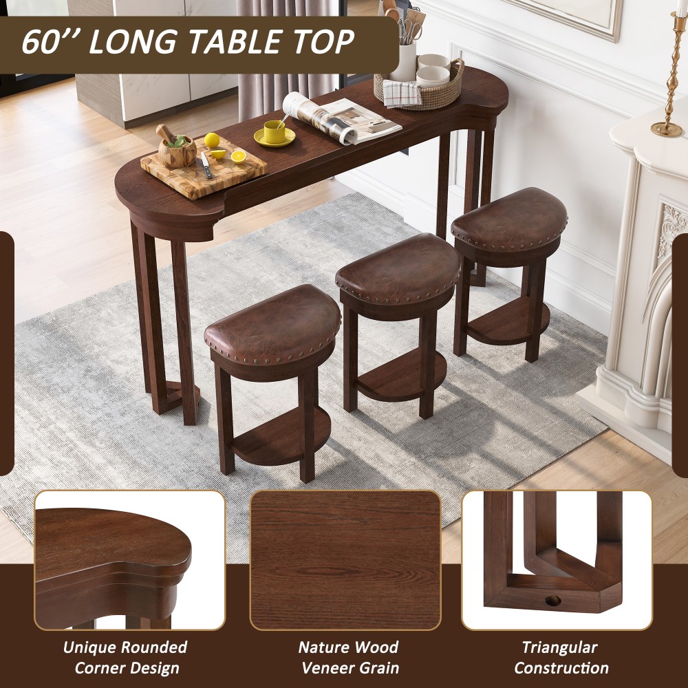 4 Piece Bar Table Set with3 PU Upholstered Bar Stools Breakfast Table