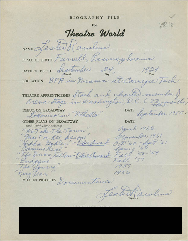 LESTER RAWLINS - AUTOGRAPH RESUME SIGNED