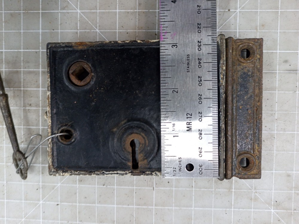 Antique surface mounted cast iron rim lock 3" x 5"