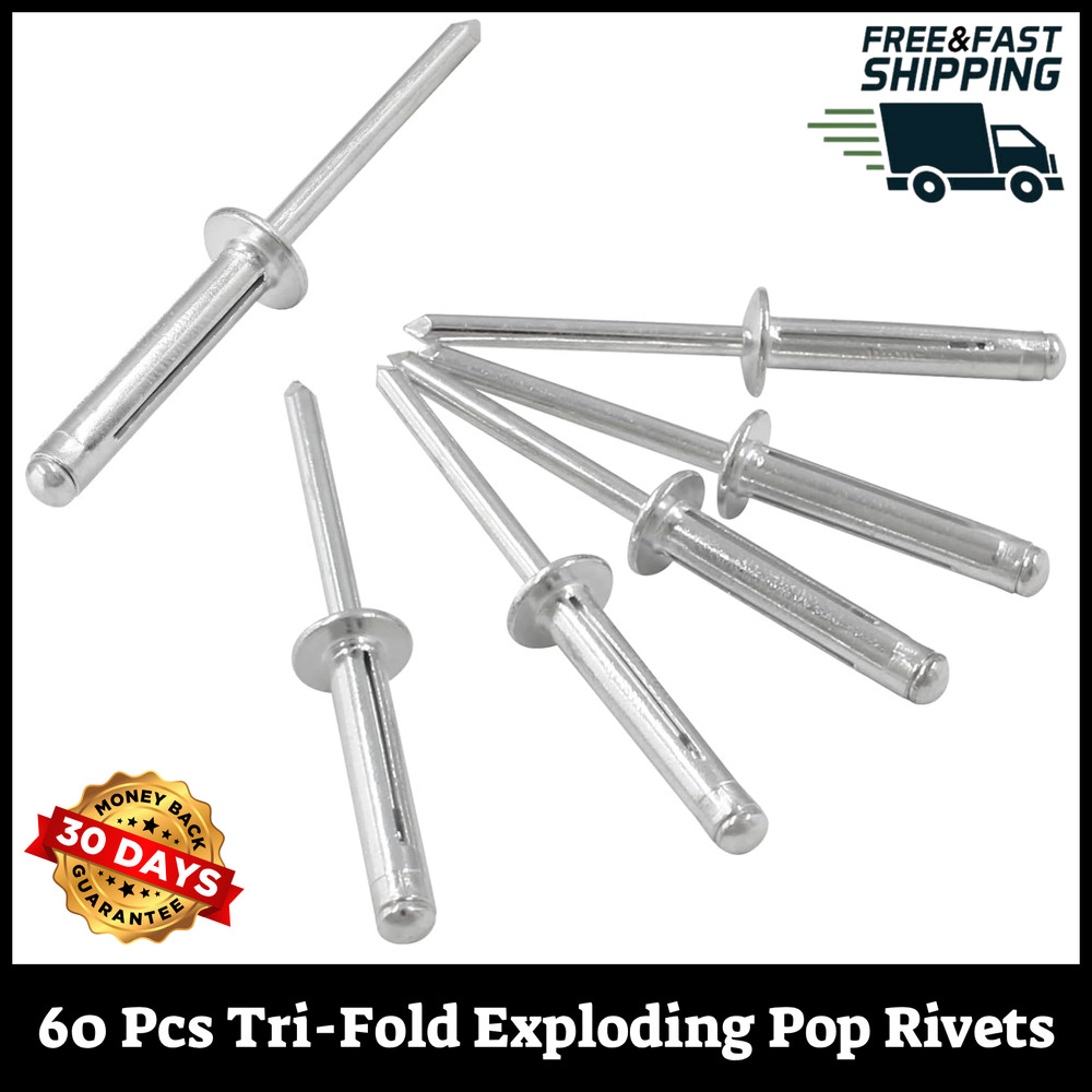 60Pcs Aluminum Tri-Fold Exploding Pop Rivets 3/16''X 1'' Large Head Blind Rivets