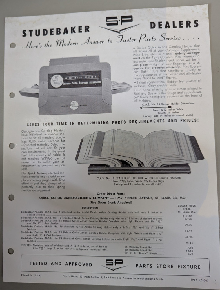 Studebaker Accessories Service Manual Holder Flyer