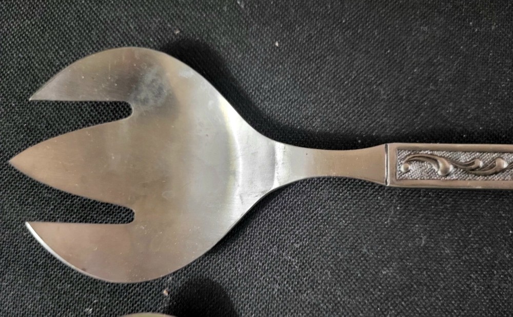 Vintage ONEIDA MCM Stainless Salad Spoon & Fork Serving Set Japan Scroll Pattern