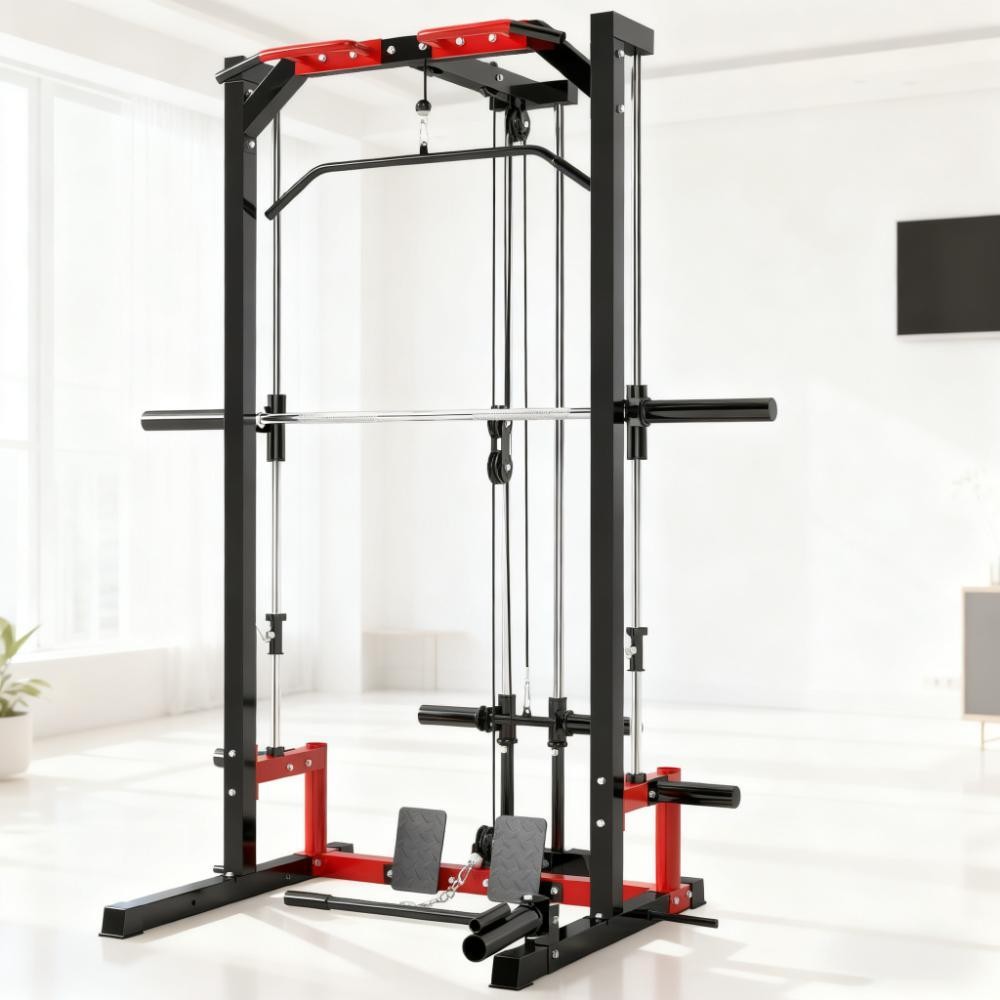 Power Cage Squat Rack w/ Lat Pulldown, Pull Up Bar, Landmine - 132lb Capacity