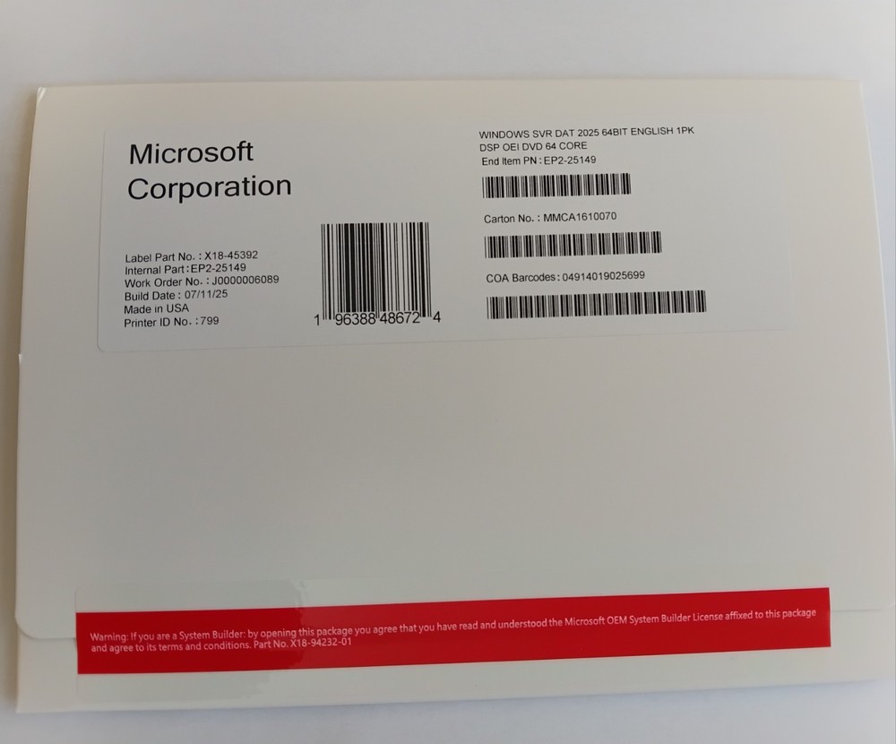 Microsoft Windows Server 2025 Datacenter 64 Core DVD & License Key (NEW&SEALED)