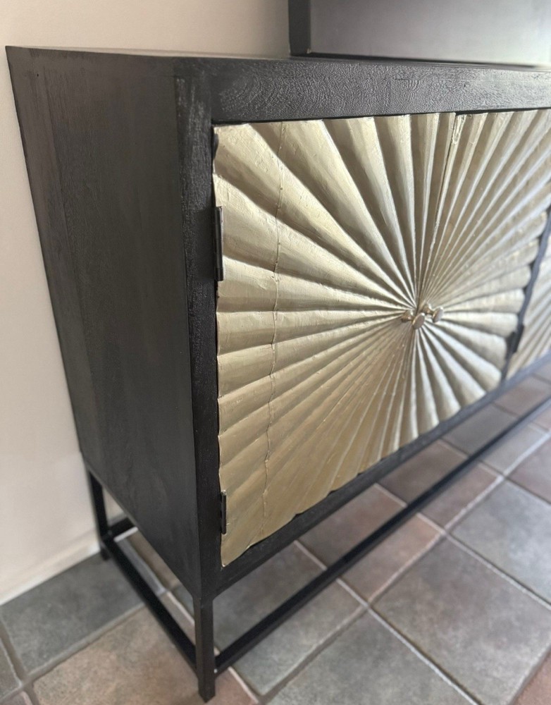 Modern Black Gold Sideboard Rectangular Wood Metal Slab Doors Brushed Finish