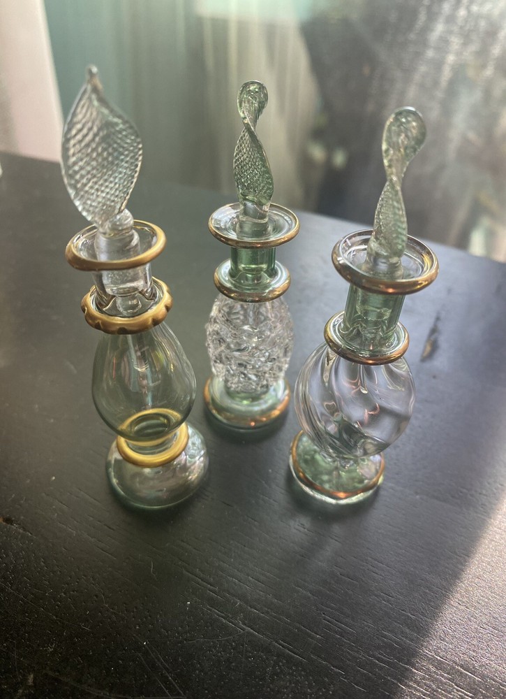 Three Egyptian Hand Blown Green Perfume Bottles with Dabber