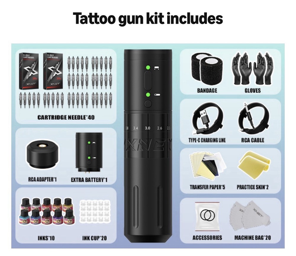 Xnet Tattoo Gun Kit E1 Complete Tattoo Machine Rechargeable 7 Adjustable Strokes