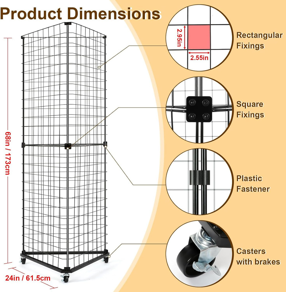 Black Triangular Gridwall Display Stand with Casters, 24" x 68