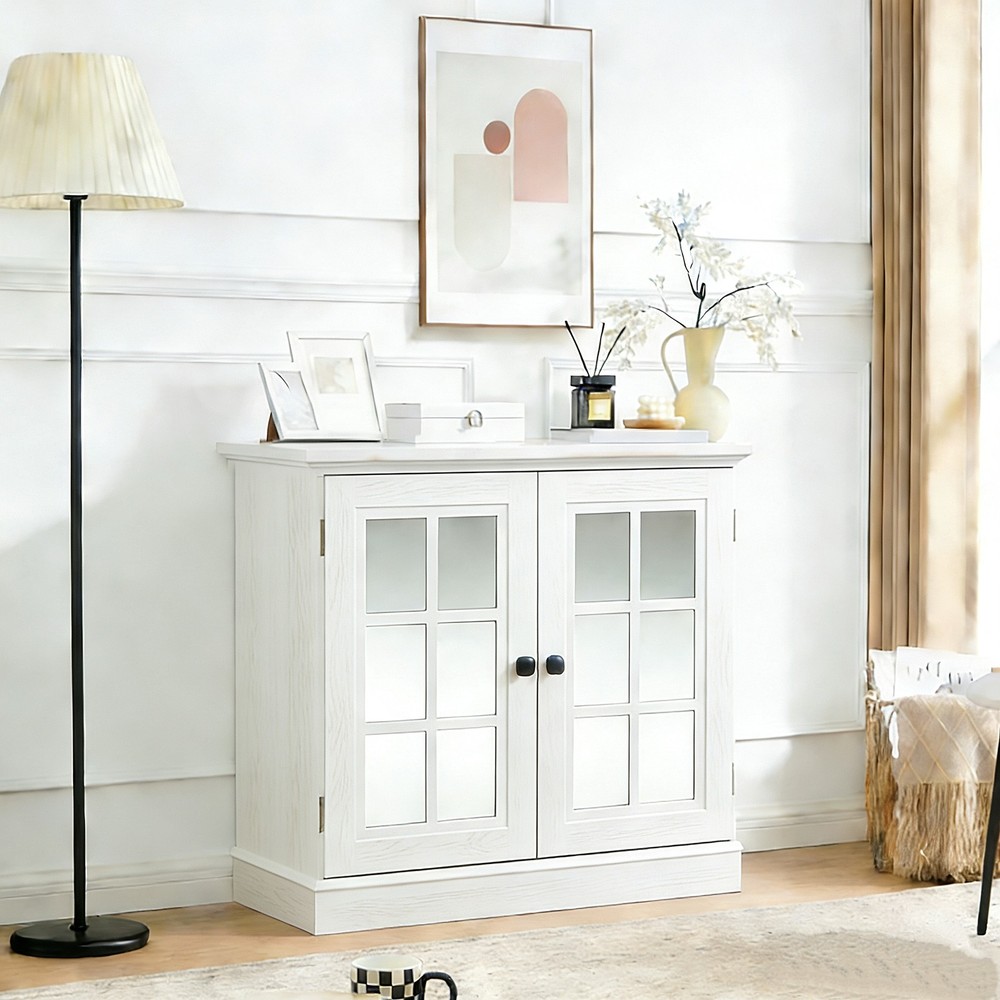Storage sideboard cabinet with 2 decorative acrylic mirrored doors, adjustable