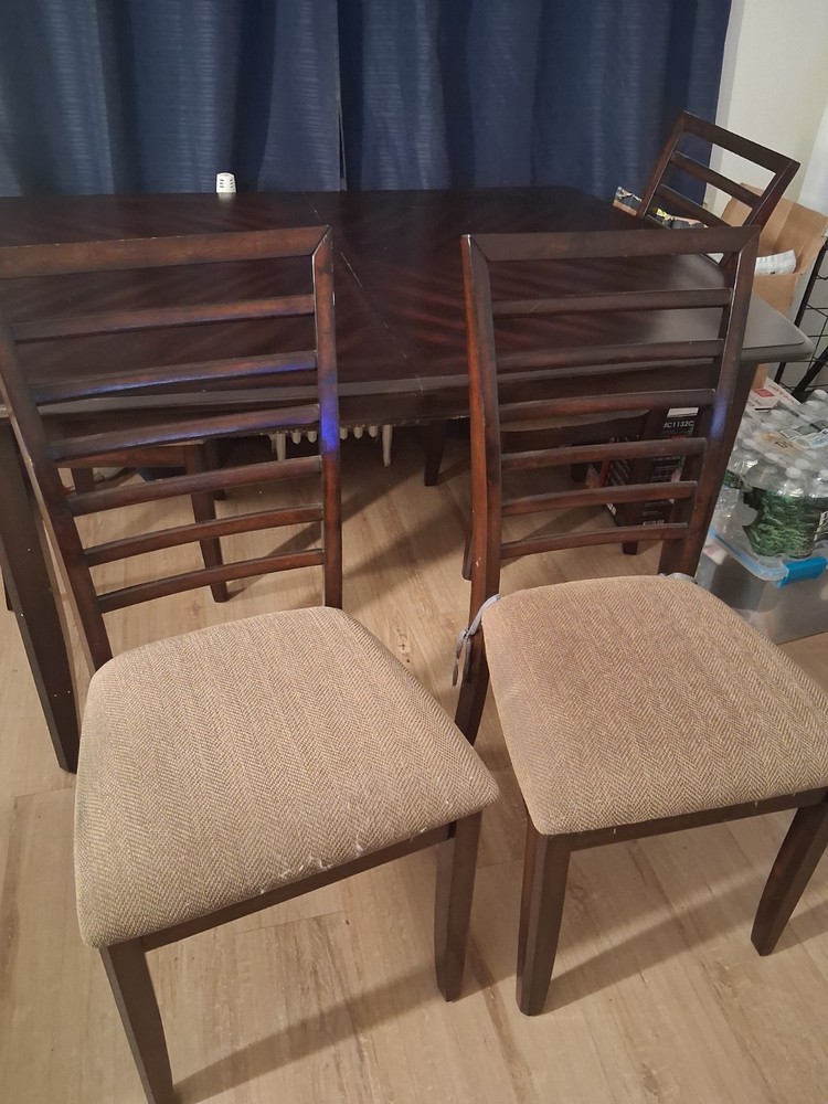 Dark Brown Gloss Wood Rectangular Dining Table Set with 4 Beige Chairs