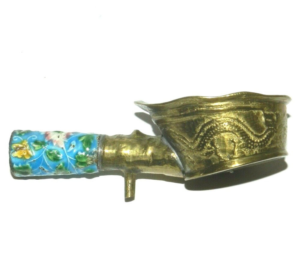 Vintage Chinese Silk Iron Solid Brass Enamel Handle Ashtray Vintage