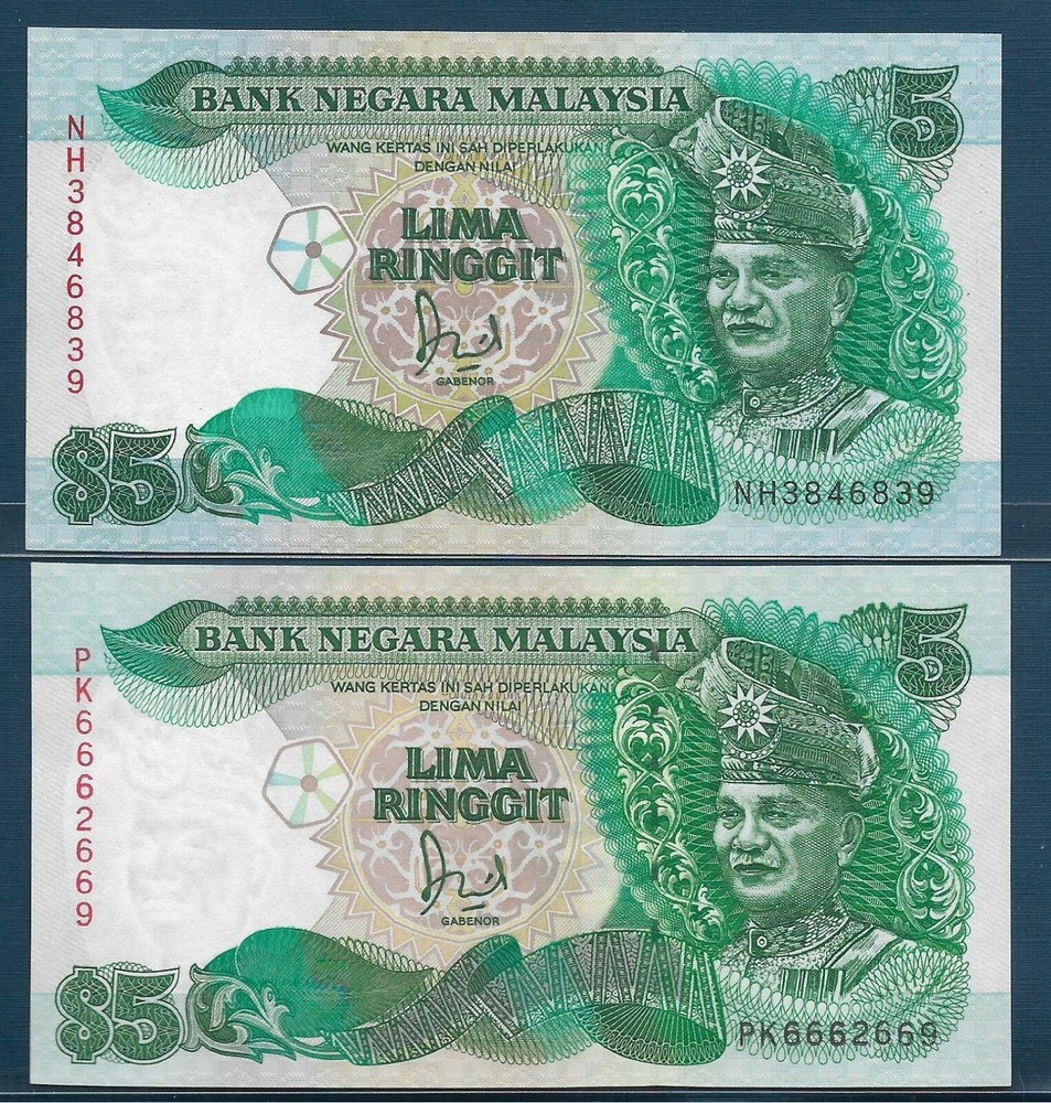 Malaysia 5 Ringgit 2 Pcs Lot, 1989 1991, P 28b 28c, UNC