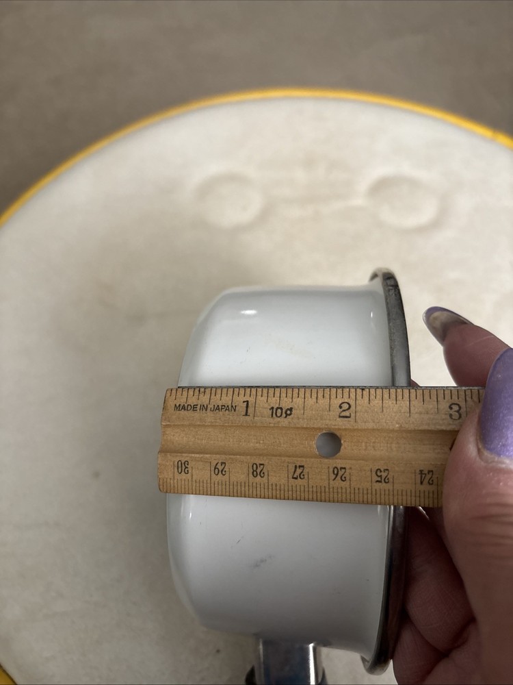 Vintage White Enamel Saucepan With Blue Handle