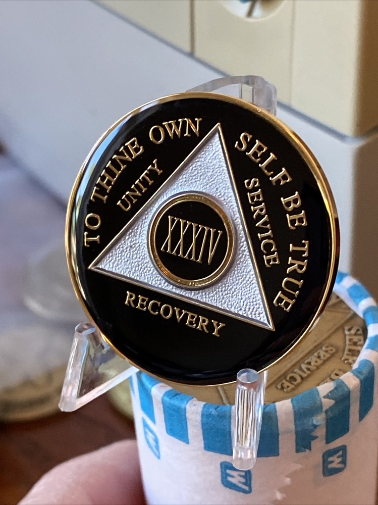 34 Year AA Medallion Black Tri-plate Sobriety Chip
