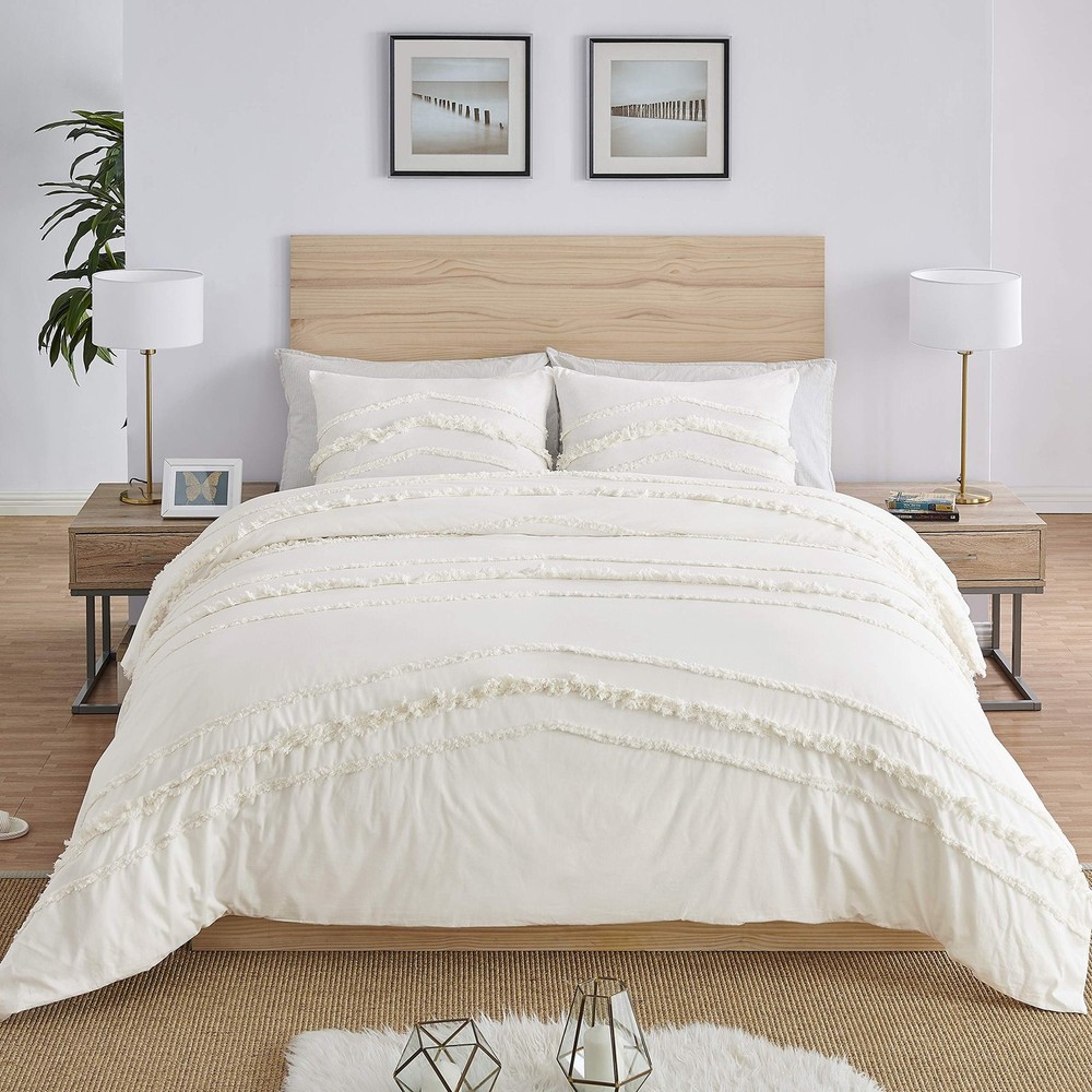 Bohemian Boho Chic Ivory Macrame Tufted Tassel 3 pc. Full / Queen Size Bed Be...