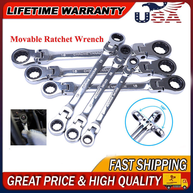 Heavy Duty 6 Double Box End Ratcheting Wrench Flex-Head Extra Long Spanner Set