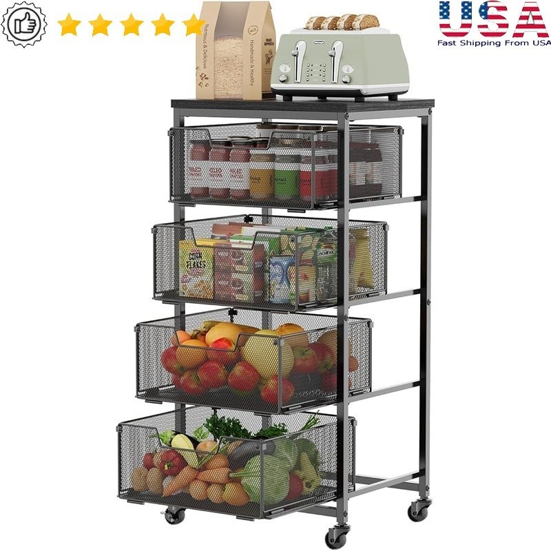 Wooden Top Rolling Kitchen Storage Cart 4 Tier Vegetable Basket Organizer New
