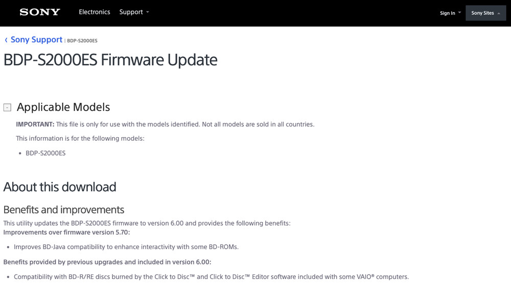 Firmware Update Disc For Sony BDP-S2000ES Blu-Ray Player—Please Read*