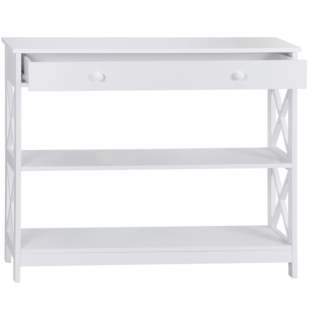 3 Tiers Console Table w/Drawer Storage Shelf Black Sofa Table Hallway X Shaped