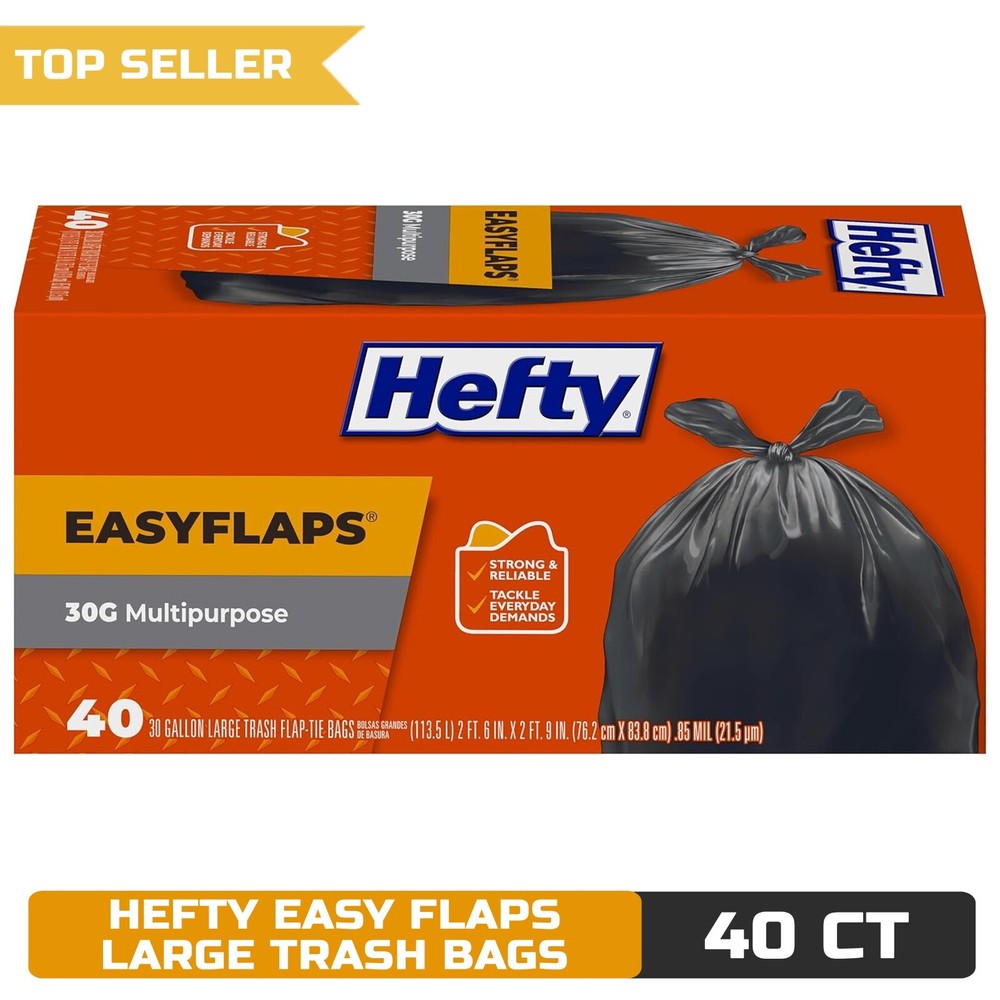 Hefty Easy Flaps Multipurpose Large Trash Bags, Unscented, 30 Gallon, 40 Count