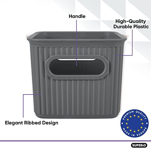 Superio 1.5 L Mini Ribbed Storage Bin- Plastic Storage Basket (Grey, 8 Pack)