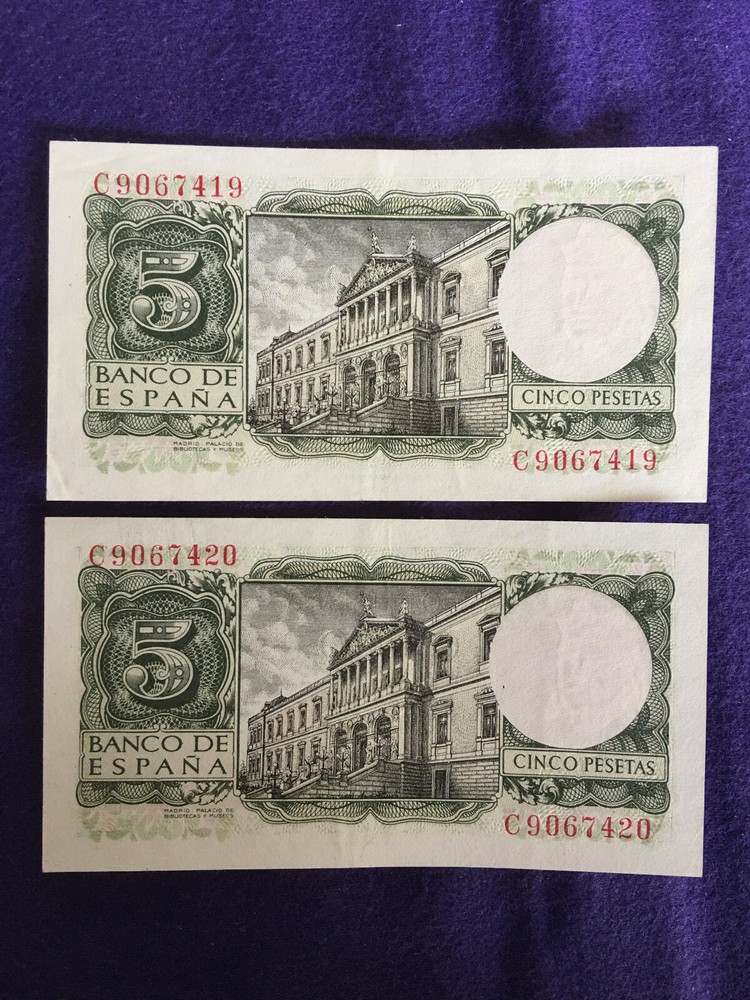 SPAIN (2 SEQUENTIAL) 1954 5 PESETA NOTES / EXQUISITE
