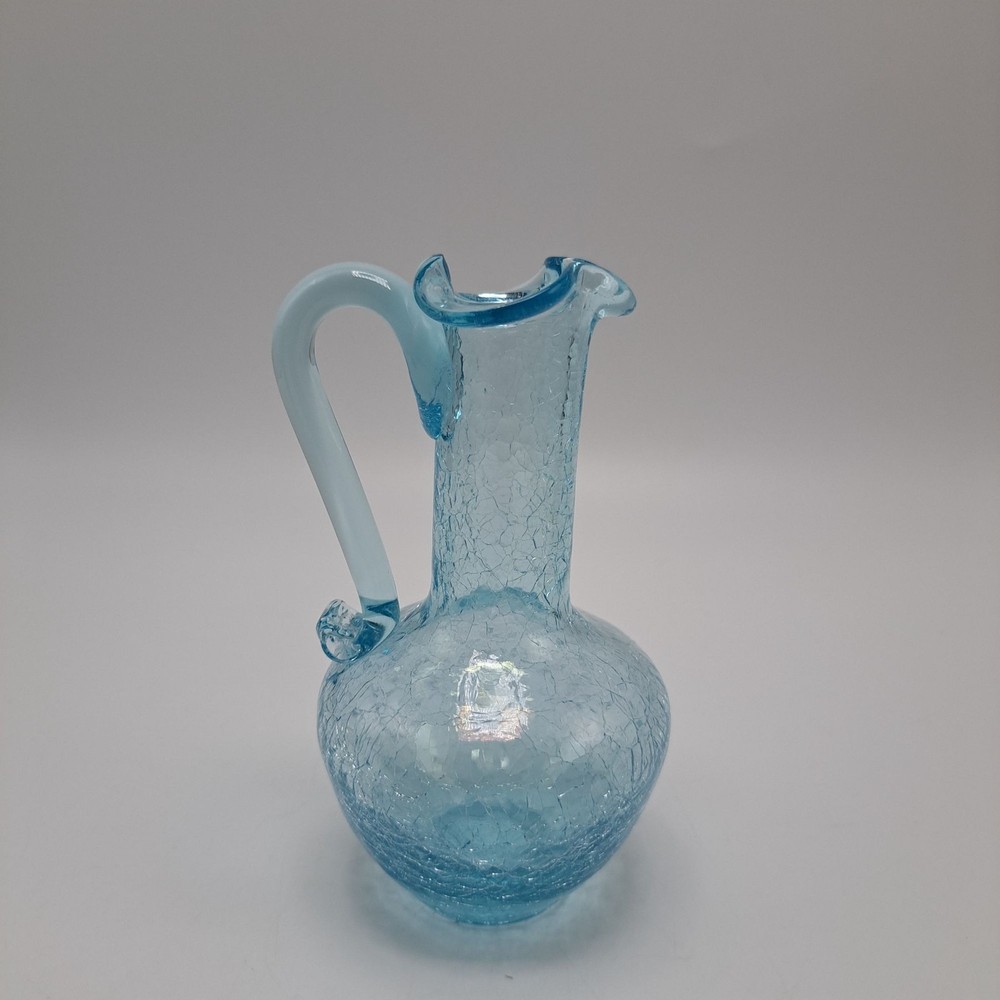 Vintage Blue Crackle Glass Pitcher With Applied Handle
