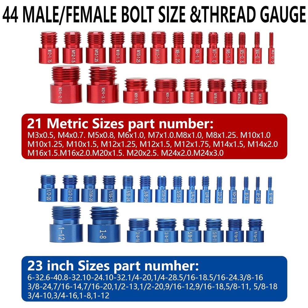 Nut and Bolt Thread Checker, Practical Thread Checker Box, 44pcs Male/Female Bol