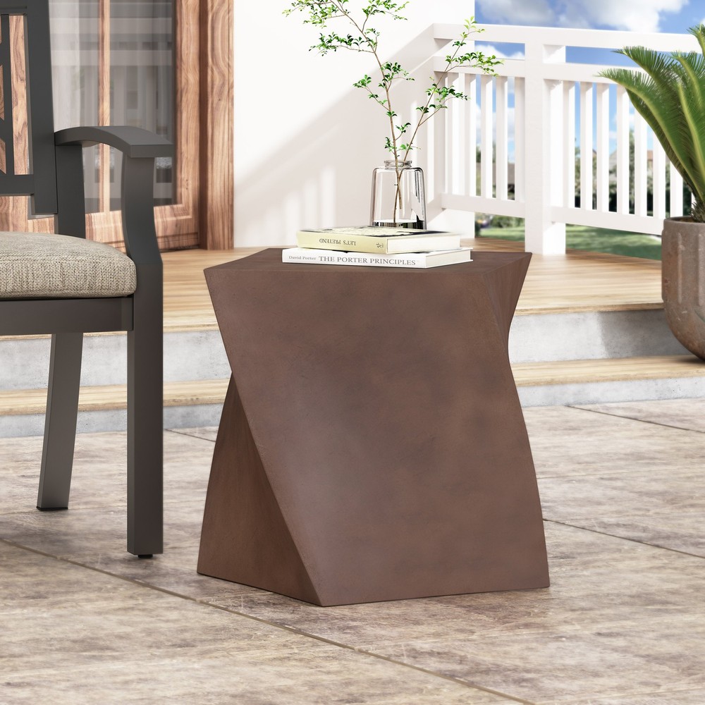 Lightweight Concrete Twisted Cube Side Table, 20.5 Inch Abstract Modern Patio
