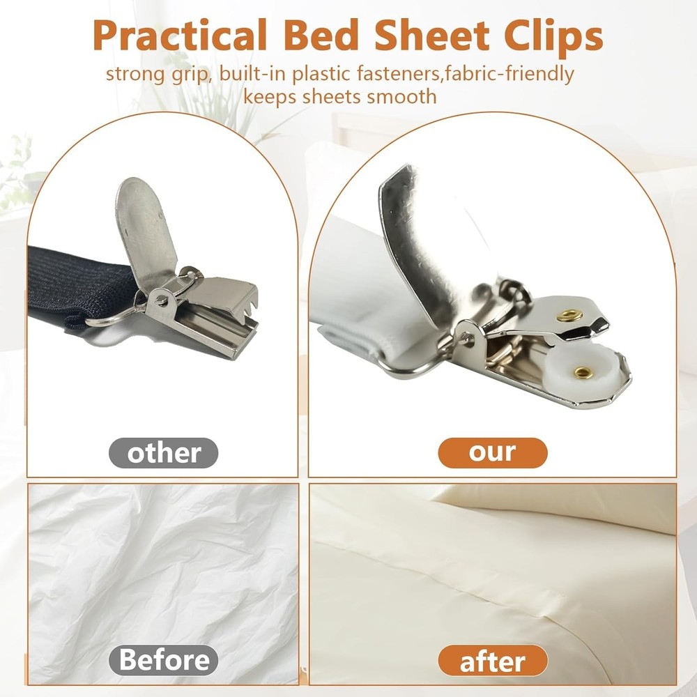 4PCS Bed Sheet Straps with Metal Clips, Adjustable Elastic Fitted Sheet Holders