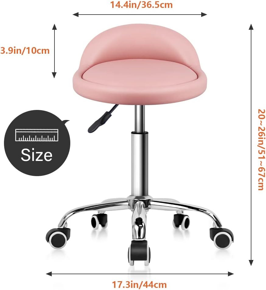 PU Leather round Rolling Stool with Back Rest Height Adjustable Swivel Drafting