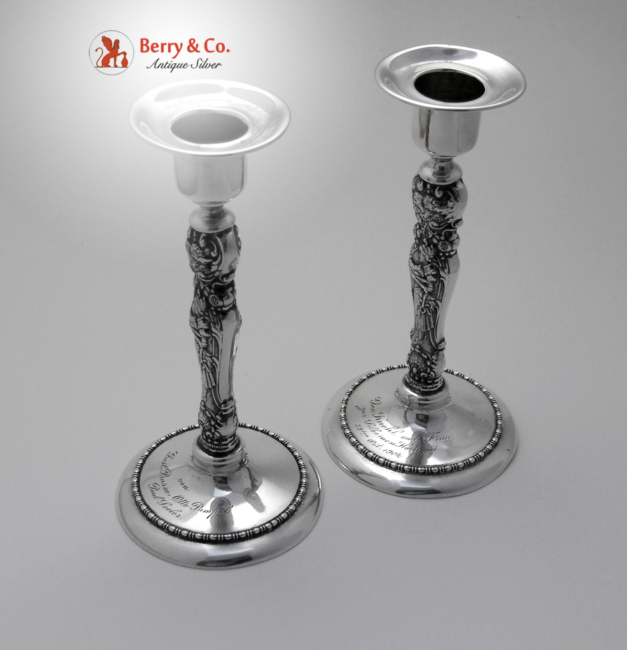 Figural Candlesticks Pair Wallace Sterling Silver 1890 Inscribed