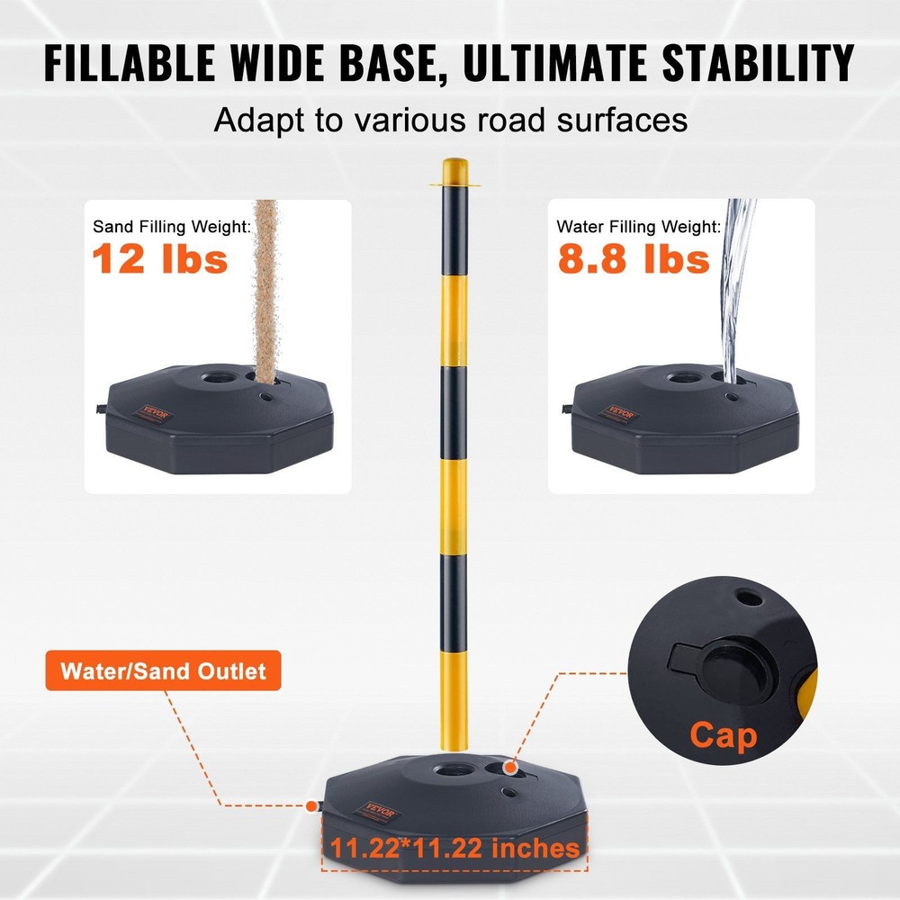 Modular Traffic Delineator Post 4 Set Fillable Base with Interlocking Chain