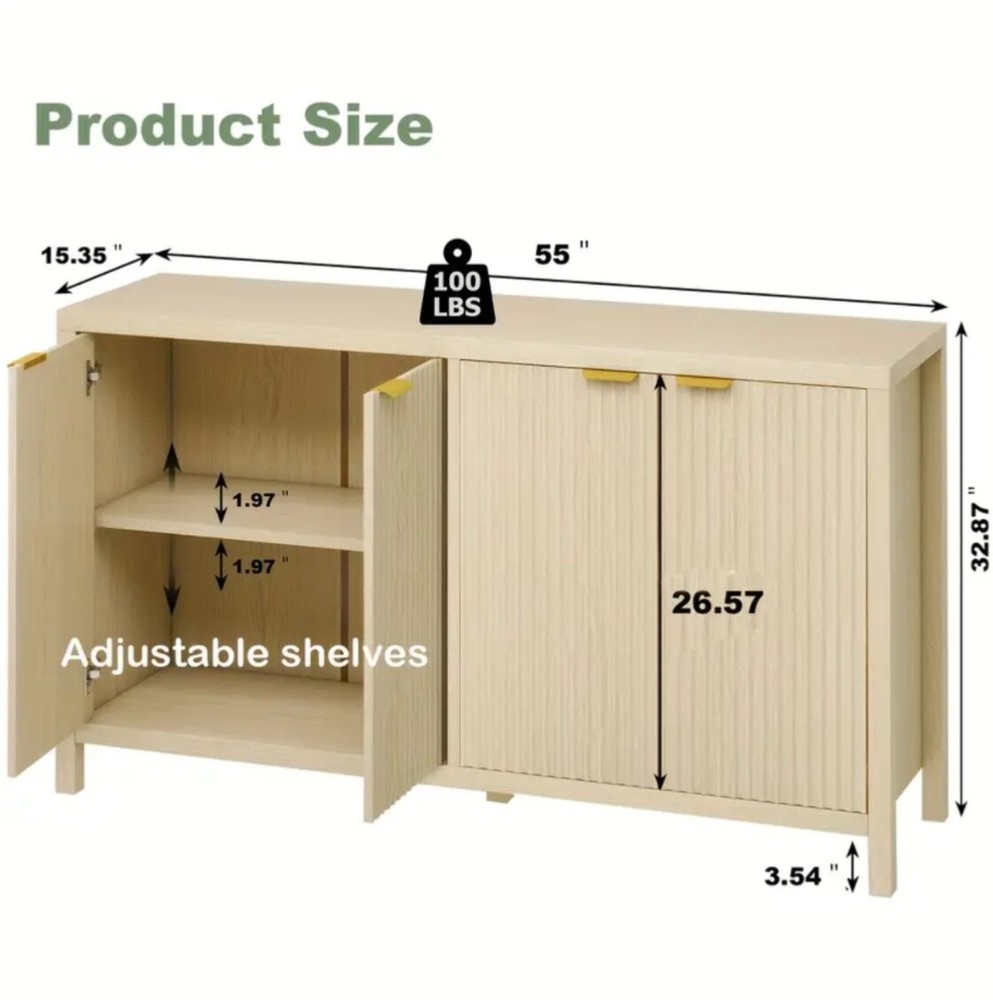 Fluted Storage Cabinet, Multifunctional Sideboard Large Buffet with Adjustable S