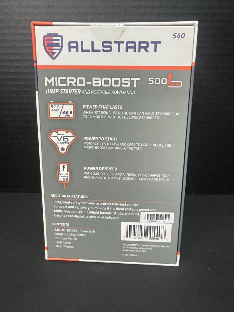 Allstart Micro-Boost 500AMP Jump Starter Portable Power Unit Quick Charge Device