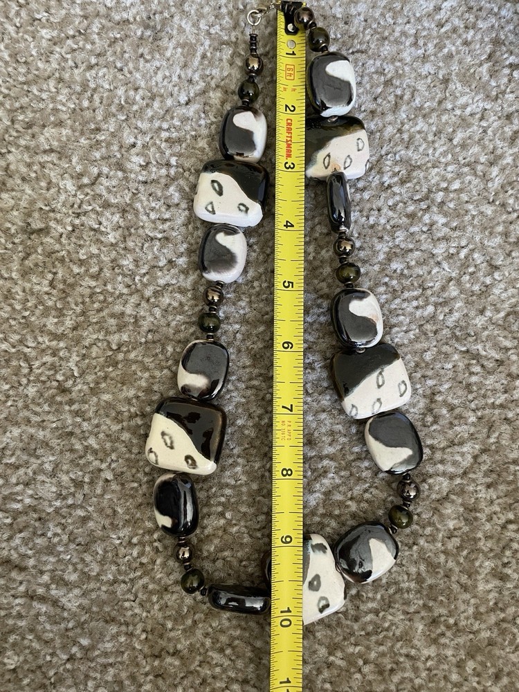 Black White Polished Stone Beaded Necklace Chunky Abstract Modern Statement